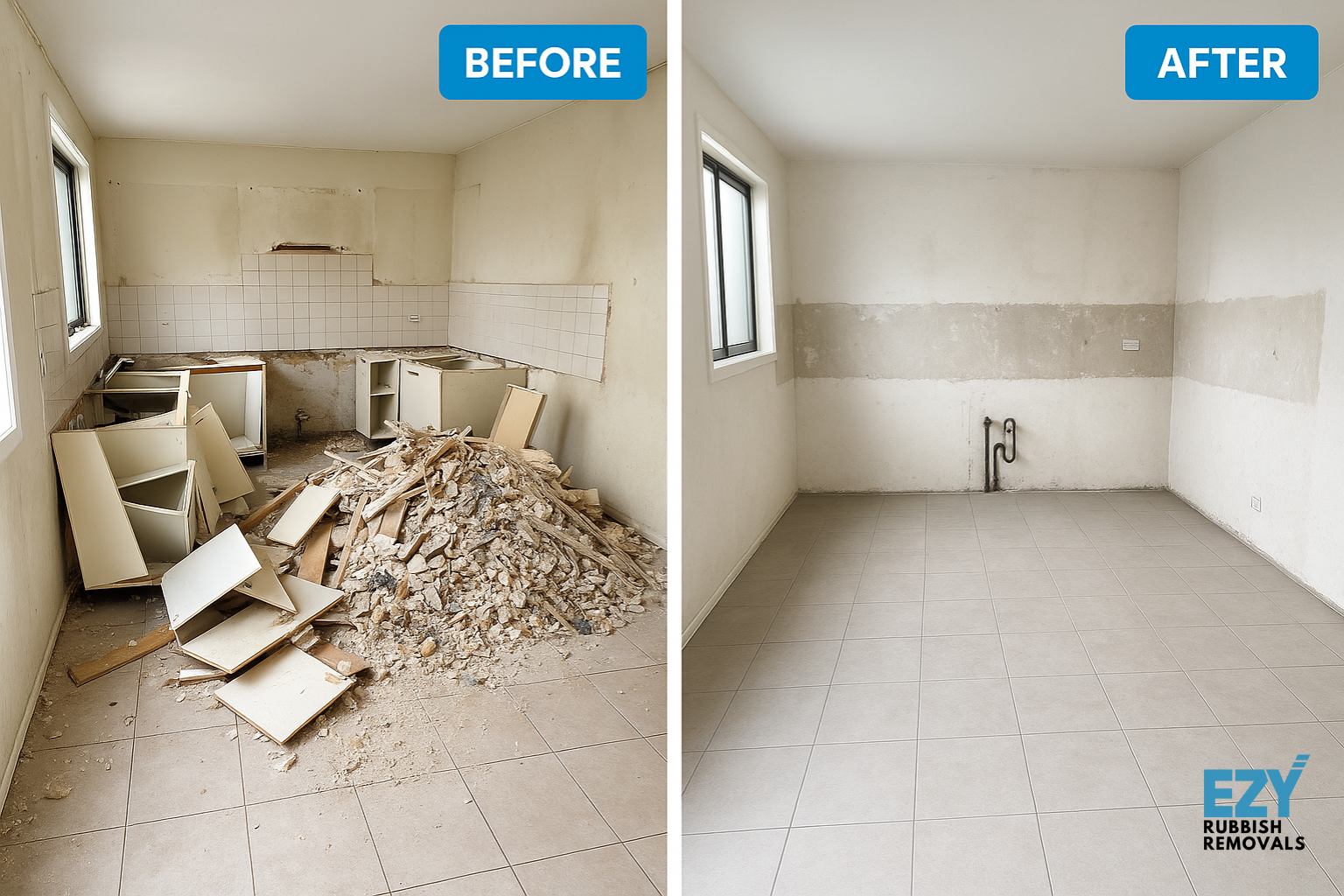 Before and after image of a kitchen renovation showing a messy demolition scene with broken cabinets and rubble on the left, and a cleaned-out, stripped-down space ready for rebuild on the right.