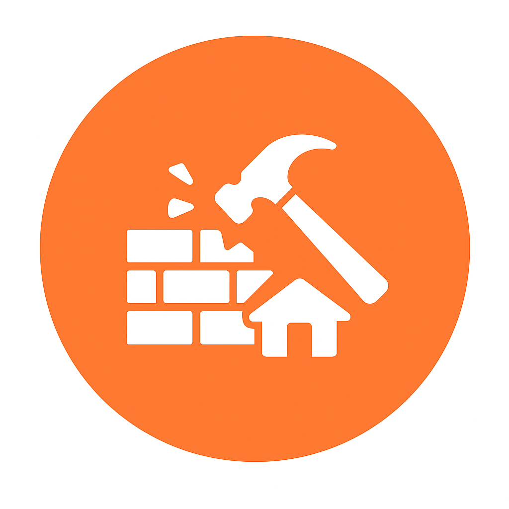 Orange circular icon featuring a white hammer striking a brick wall with flying debris, alongside a small house, representing wall and fence demolition.