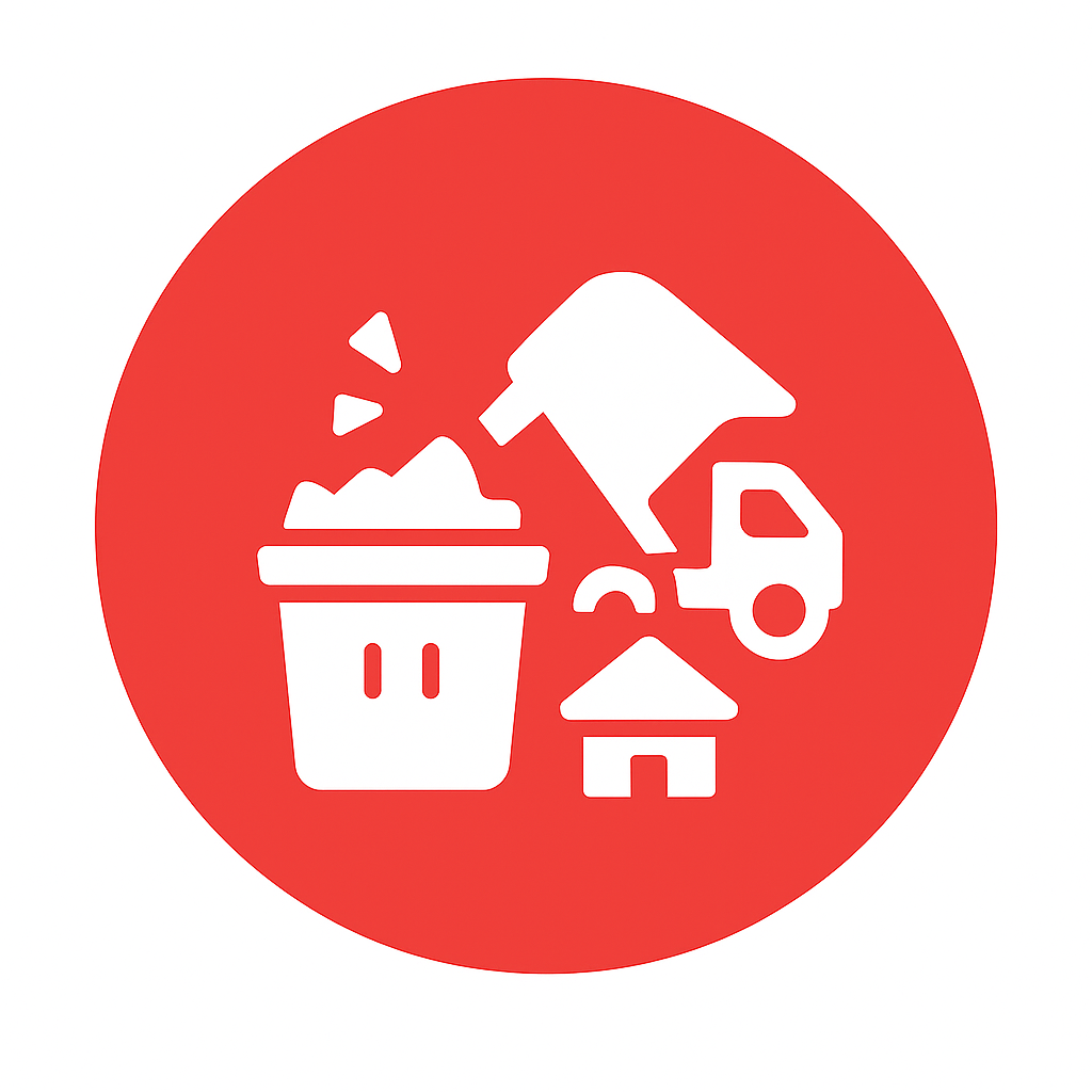 Red circular icon featuring a white rubbish bin filled with waste, a waste truck unloading debris, and a small house symbol, representing professional rubbish removal services.