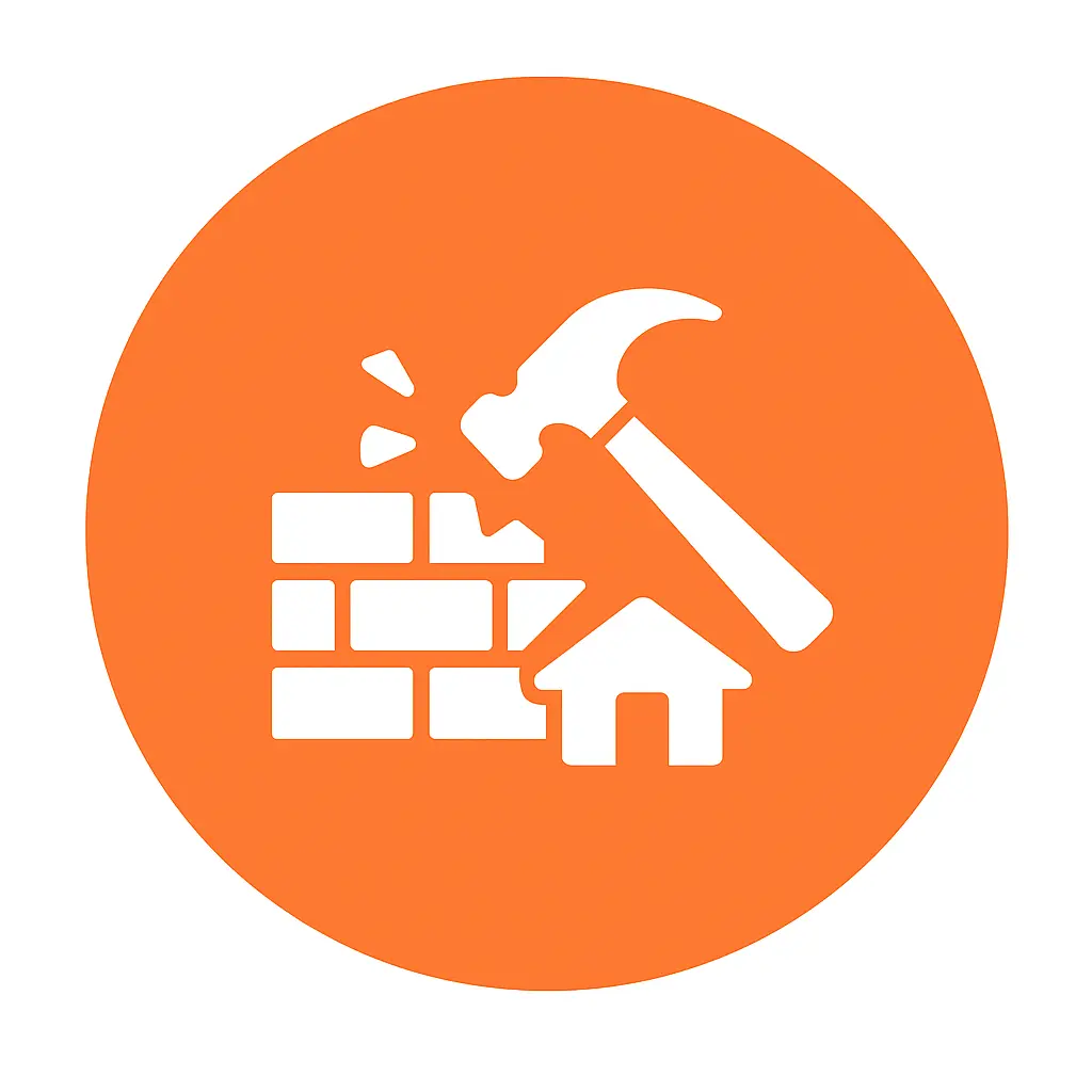 Orange circular icon featuring a white hammer striking a brick wall with flying debris, alongside a small house, representing wall and fence demolition.
